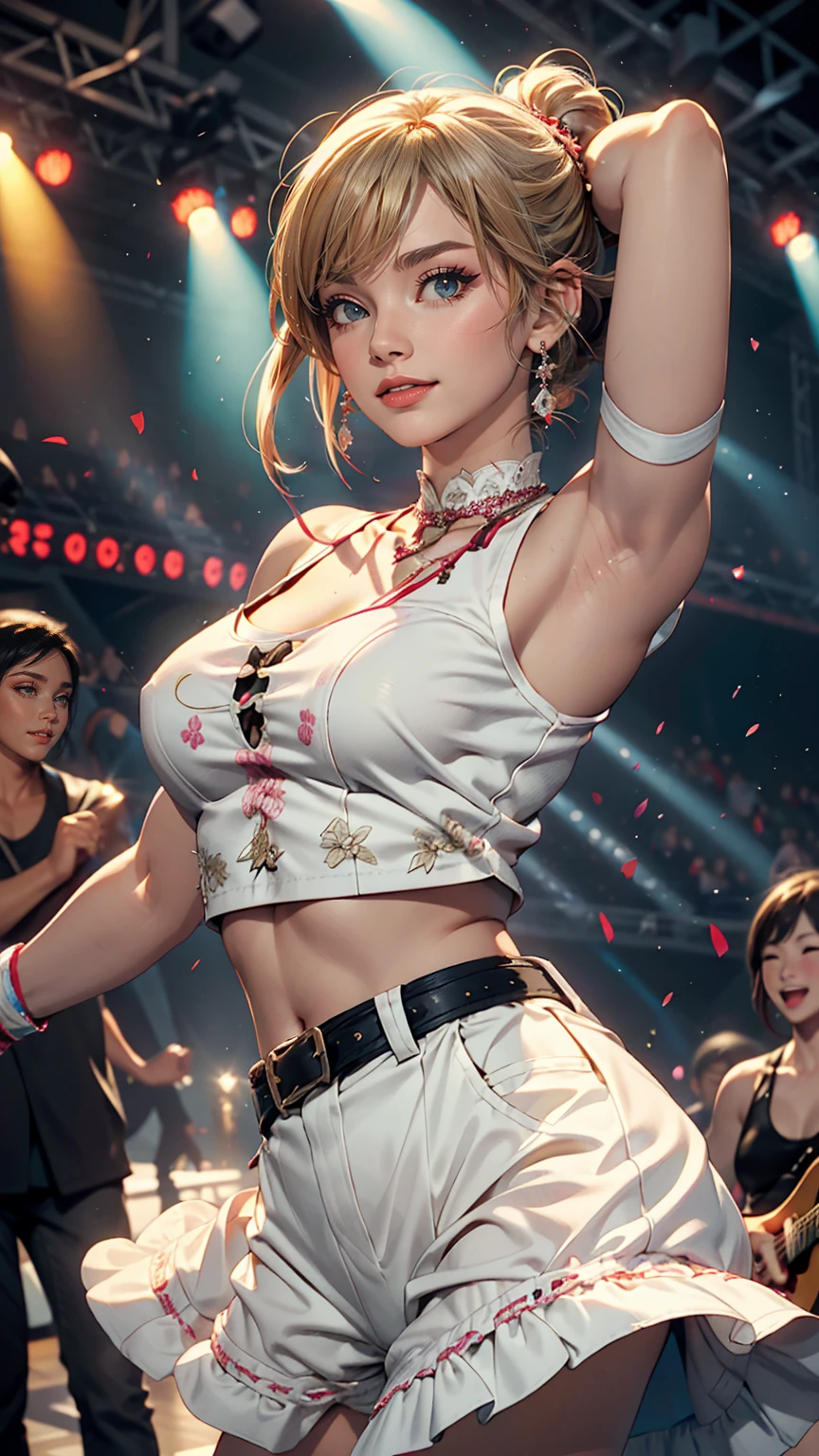 Music Festivals: 大規模なMusic Festivalsの中で、A white woman in an underboob top is dancing with her friend。They blended in with the excitement of the venue.、I enjoy it to the music。