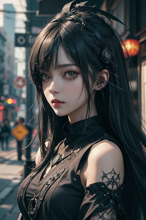 top-quality、8K、masterpiece:1.3、Gothic punk、Red inner color、A grey dark-haired、hair adornments、a beauty girl、creative、dark fantasy style、Neogos、punk shirt Fashion:1.2、hight resolution、masterpiece、top-quality、headw:1.3、((Hasselblad photo))、Fine-grained skin、Sharp Focus、(lighting like a movie)、Realistic texture gothic girl with a crow on her shoulder, artwork in the style of guweiz, by Yang J, gothic maiden anime girl, guweiz, intricate ornate anime cgi style, 1 7 - year - old anime goth girl, dark fantasy mixed with realism, gothic aesthetic, stunning anime face portrait, beautiful anime portrait, anime style. 8k