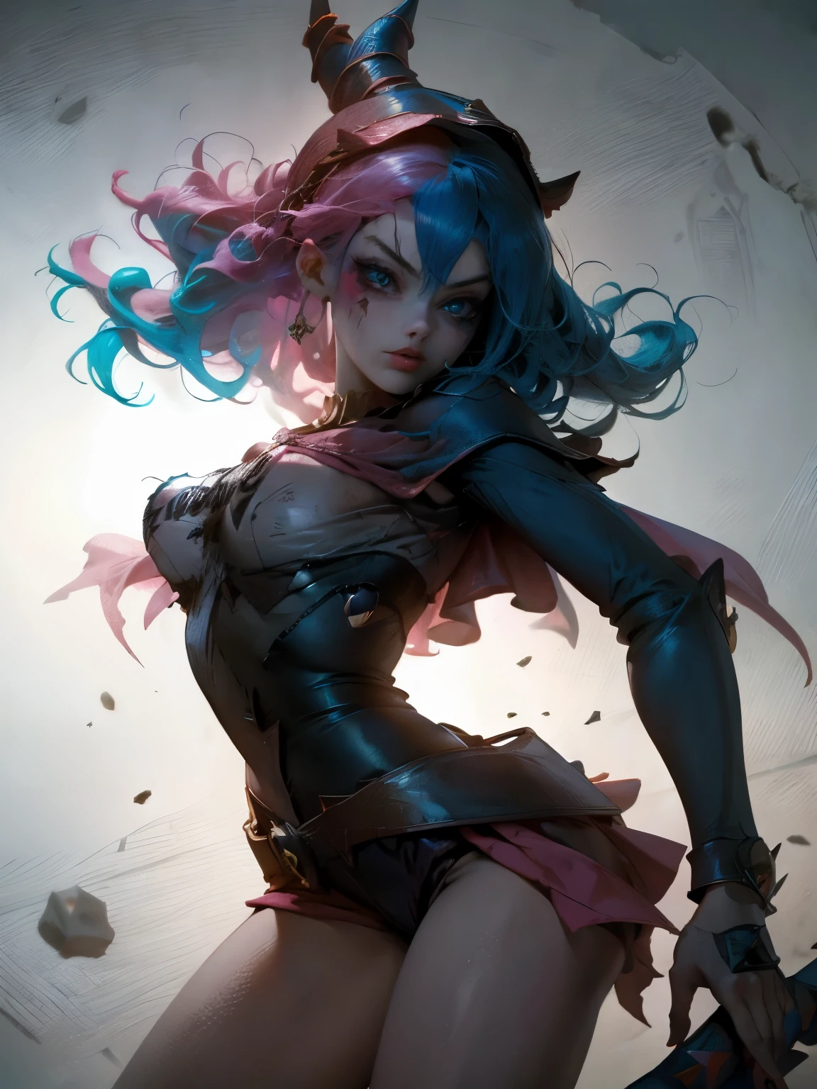 Hermosa y sensual dark magician gils vestida como Harley Quinn. pelo rojo y azul. Labios rojos. Ojos azules. Pose sensual y sexy. Toma cuerpo completo.