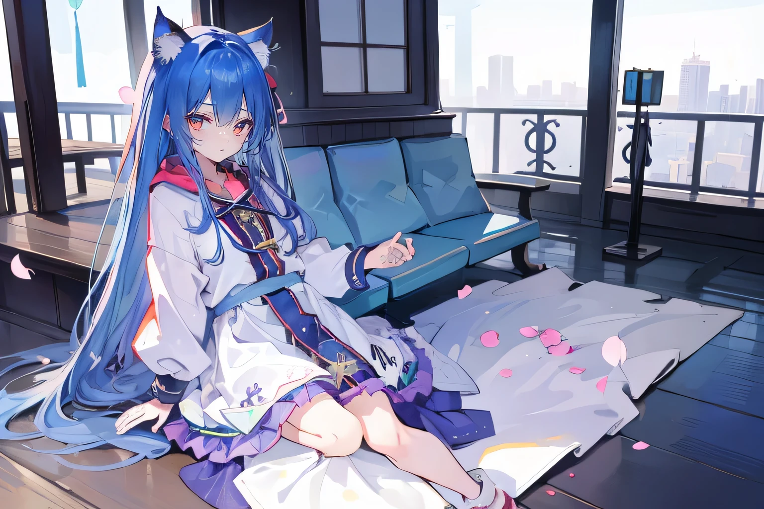 （masterpiece：1.2），Super detailed，lifelike，Expressive eyes，fair skin，perfect face shape，1 girl，
Japanese comics,Gorgeous blue hair,flowing blue hair,flowing clothes,Cat ears,Petals fall,beautiful lola,Baby Angel,
Shaking head with one hand，Cross your legs，Gentle and peaceful background，The pavilion is cool and comfortable,smile, wearing hoodie, background of tokyo,back views,snowing, winter.