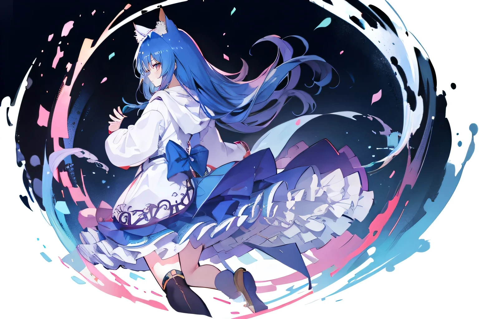 （masterpiece：1.2），Super detailed，lifelike，Expressive eyes，fair skin，perfect face shape，1 girl，
Japanese comics,Gorgeous blue hair,flowing blue hair,flowing clothes,Cat ears,Petals fall,beautiful lola,Baby Angel,
Shaking head with one hand，Cross your legs，Gentle and peaceful background，The pavilion is cool and comfortable,smile, wearing hoodie, background of tokyo,back views,snowing, winter.