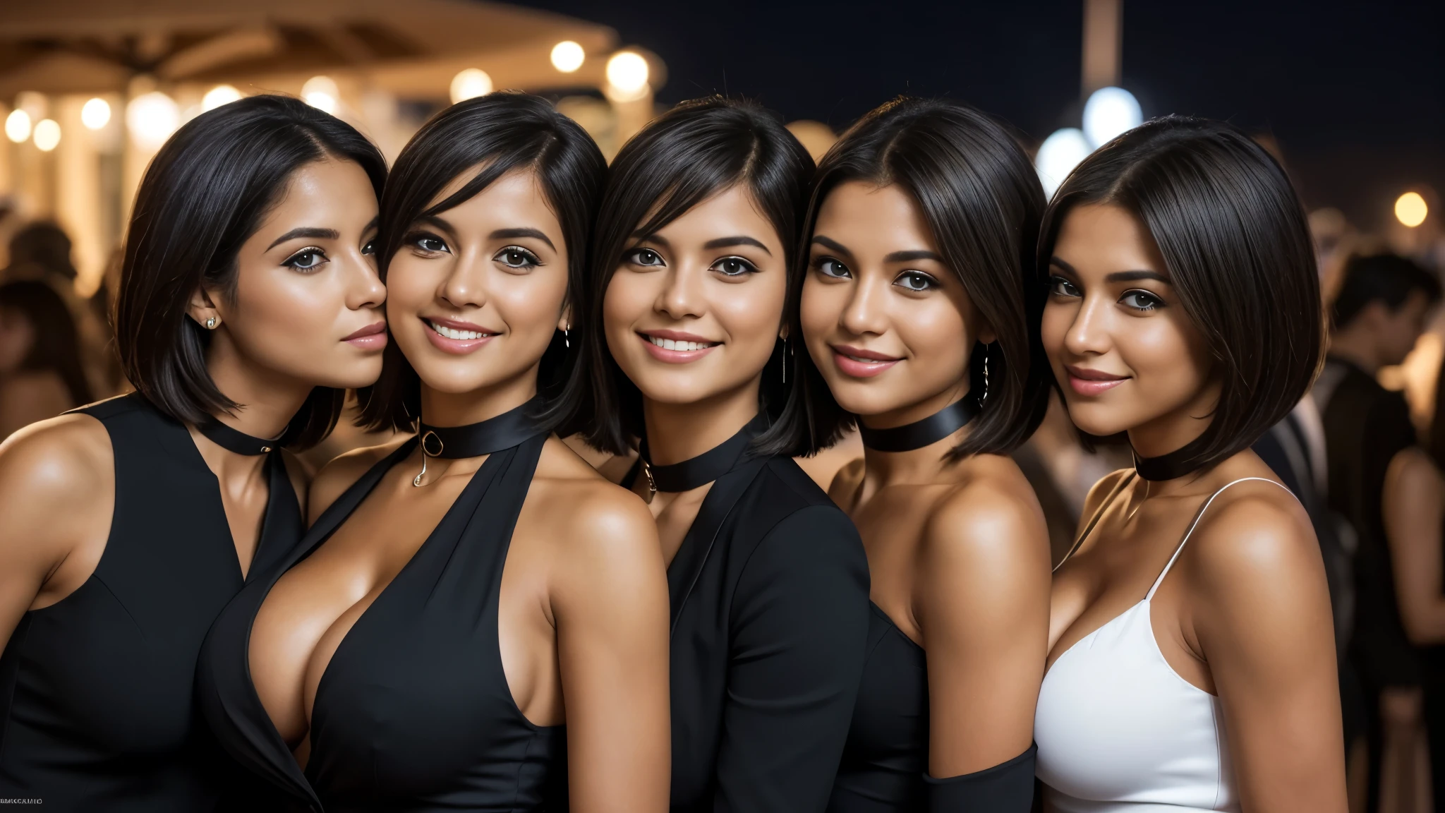 Isabel Merced, group of girls in pantsuits, (long bob_cut hair), choker, enjoying the nightlife of greece, smiling, (kissing:1.2), (skin texture:1.1), (high detail face:1.1), full bodyshot, high detail body, high detail clothes, (big breasts:1.3),(masterpiece), (realistic), ultra high definition, 4k, ultra high resolution, cinematic lighting, rim lighting, photo by Arny Freytag, RAW image