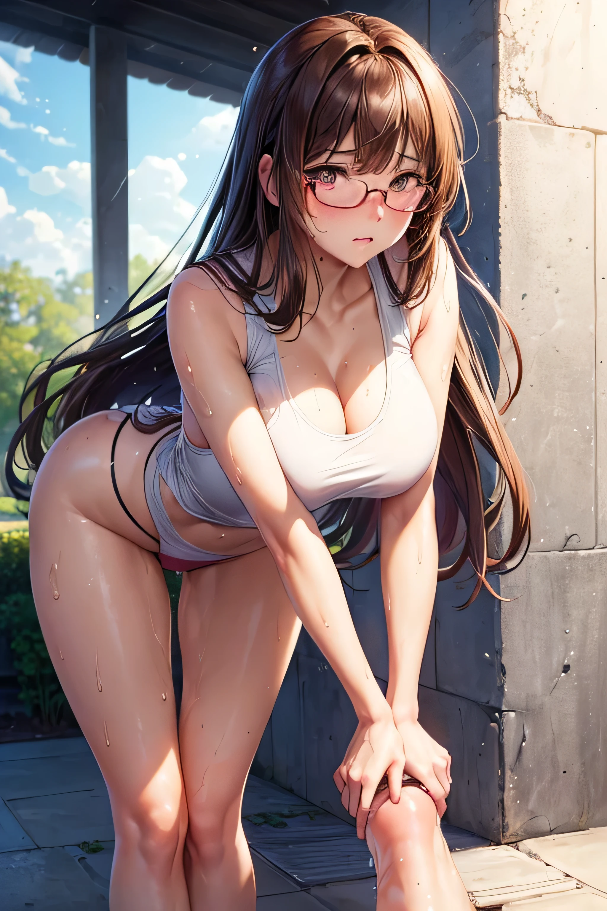 (Very detailed, 最high quality, Anatomically perfect body),High resolution, high quality, One girl, Anime Girls, Brown long hair, Brown eyes, Pink Glasses,heart shaped pupils,Sunburned skin, Large Breasts,beautiful breasts,pointy breasts,(Big Ass),beautiful ass,Embarrassed,sweat,wet,Tank Top,swimsuit, (I want to pee:1.1), (The urge to pee:1.3), (People who pee alone:1.1), (An urgent need to go to the toilet:1.2), bladder full, (Knees together and feet apart:1.3), Leaning forward,