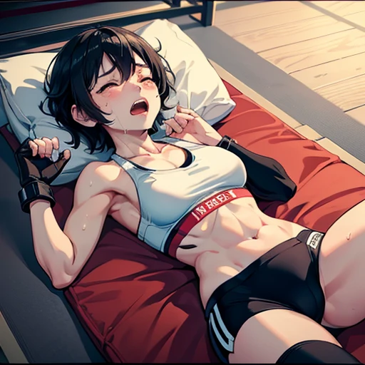 two female fighters. Small breasts. poor belly, Cute Japanese high school girl with short cut black hair. She is lying down in a mixed martial arts ring. Fighting by grappling. Opposing female fighter is riding and beating her body so hard. She is closing eyes. She is screaming and crying. Very sweaty, slender body, poor body, sports bra, bikini pants, open finger gloves.