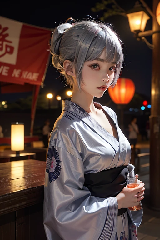 、woman、whole body、Evil Face, Red eyes, Iris,Silver Hair、Night City Waves、Festival yukata、Pixie Cut、whole body、Holding a drink