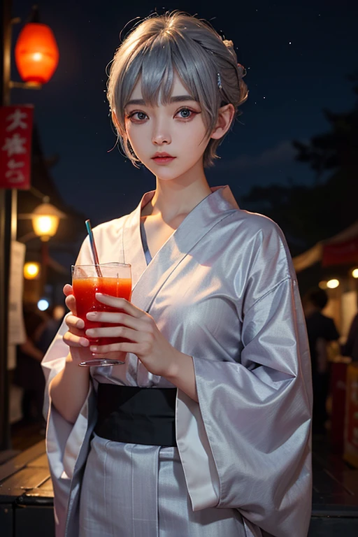 15 years old、woman、whole body、Evil Face, Red eyes, Iris,Silver Hair、Night City Waves、Festival yukata、Pixie Cut、whole body、Holding a drink