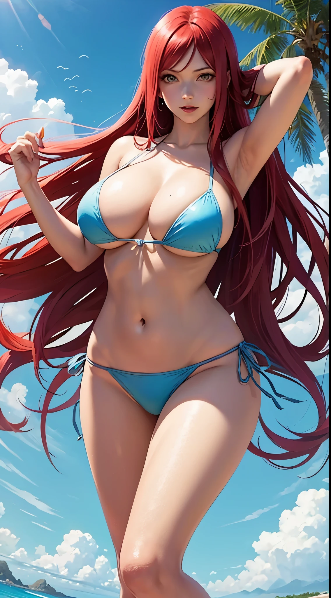 Erza de fairy tail (huge tits), Haut du corps, abdos, bikini comme s&#39;ils n&#39;existaient pas, deserted beach, gros seins, gigantesque seins, 4K ultra UHD, mains parfaites, cing doigts, yeux parfaits, bikini dentelle rouge