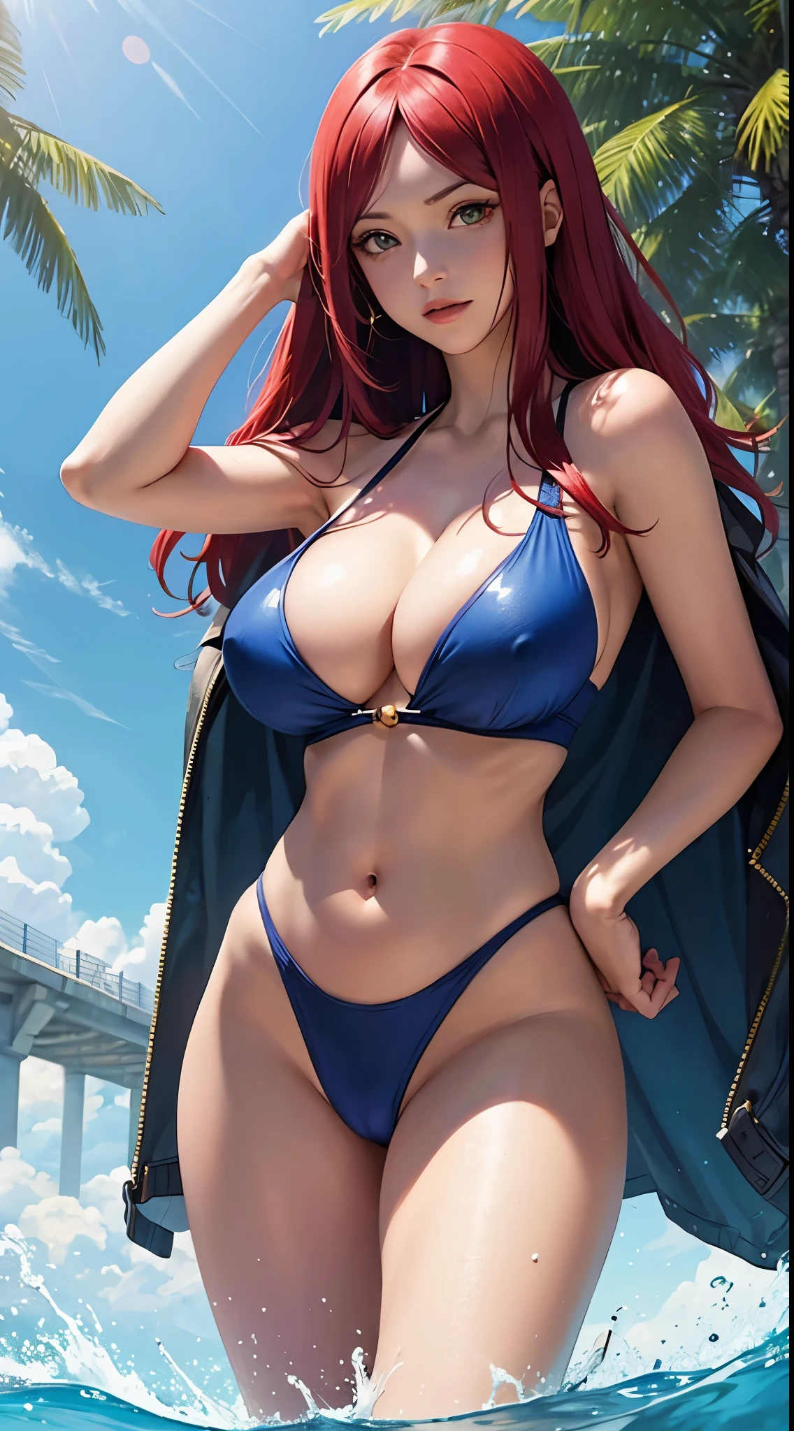 Erza de fairy tail (huge tits), Haut du corps, abdos, bikini comme s&#39;ils n&#39;existaient pas, deserted beach, gros seins, gigantesque seins, 4K ultra UHD, mains parfaites, cing doigts, yeux parfaits, bikini dentelle rouge