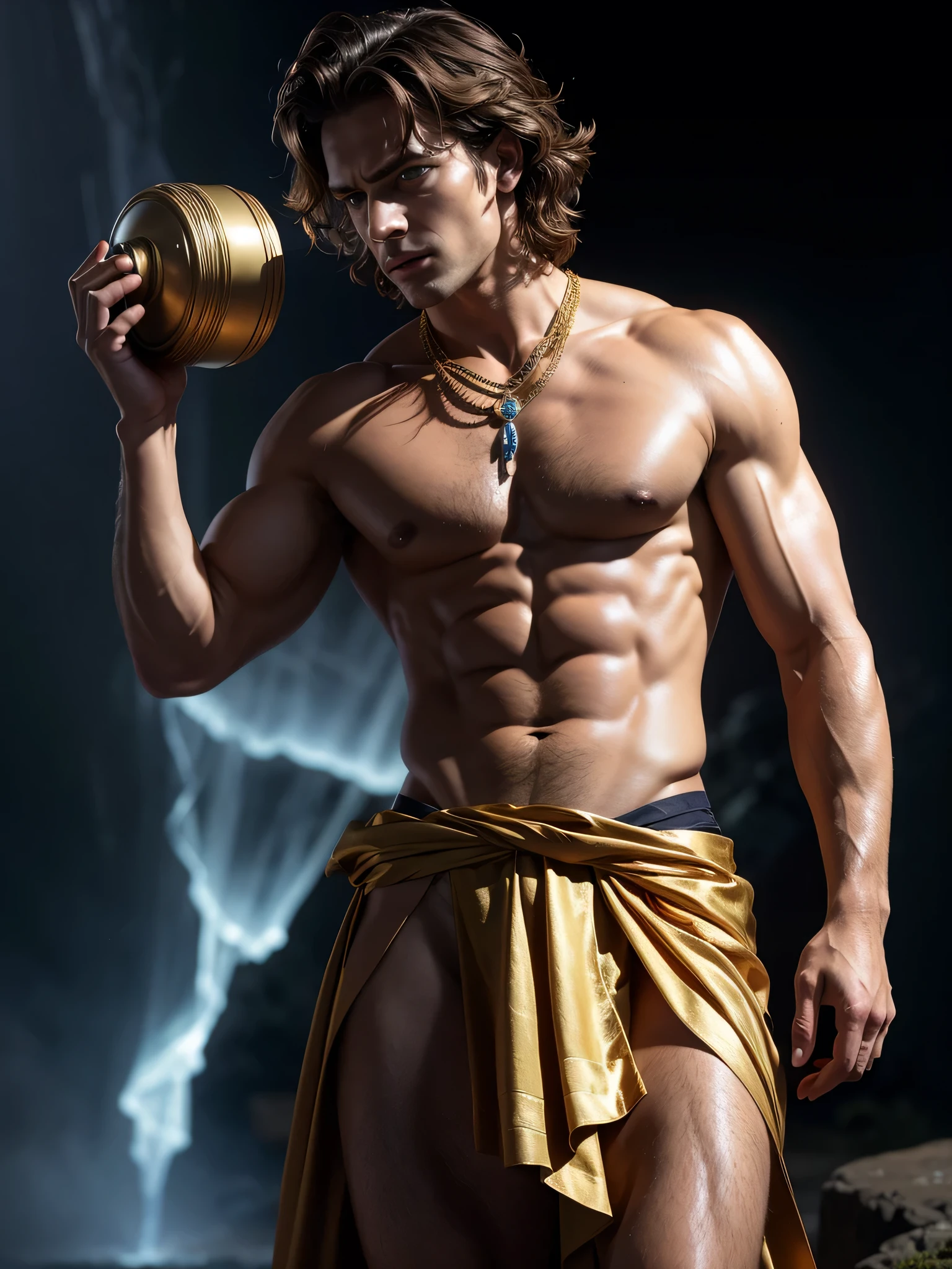 ((Photorealistic, best quality, masterpiece, 1boy, 8k, high detailed, ultra-detailed, real skin texture, dark cinematic lighting)), 24 year-old handsome male model, cute looking, divine look, powerful, light blue eyes, (Perseus holding the head of Medusa raised up in his hand, greek mythology, male version of medusa, wearing skimpy toga), amazing physic, intense blue eyes, dry messy hair, short brown wavy messy hair, strong jawline, masculine, muscular, defined fit body, hairless chest, shirtless, pantless, sinister aesthetic, black storm clouds, rocky mountains, walking towards the camera, isolated, on a fiery mountaintop, night dark, barelegged, bare chest, barefoot, antique linen spartan loincloth , white linen antique draped cloth skirt, golden chain in roman skirt, dim light, (dark background:1.2), cinematic lighting, Depth of field, award-winning photography, elegant, hyperrealistic, octane render, unreal, high definition, 8k resolution, highly detailed, 8k uhd, professional lighting, photon mapping, radiosity, physically-based rendering