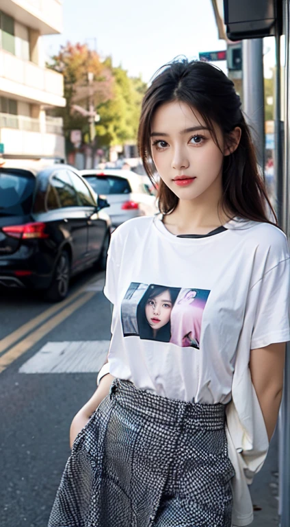 (high quality,high resolution,realistic:1.2),ultra-detailed,natural lighting,1girl,beautiful eyes,lifted cheekbones,dynamic pose,glowing skin,jewelry,tattoo,wearing on the street,t-shirt,skirt,illustration Please note the order of each label,and how they describe different aspects of the picture。This prompt describes a highly realistic scene.,In the scene, there is a girl standing on the street in a dynamic posture,She has beautiful eyes and protruding cheeks.,Skin is delicate and smooth。She wears jewelry,Maybe there are tattoos on the body。She wears casual clothes,For example, T-shirts and skirts。The light of the whole picture is soft and natural,Make the scene more real。The art style of this prompt is illustration,It can bring a unique sense of art。