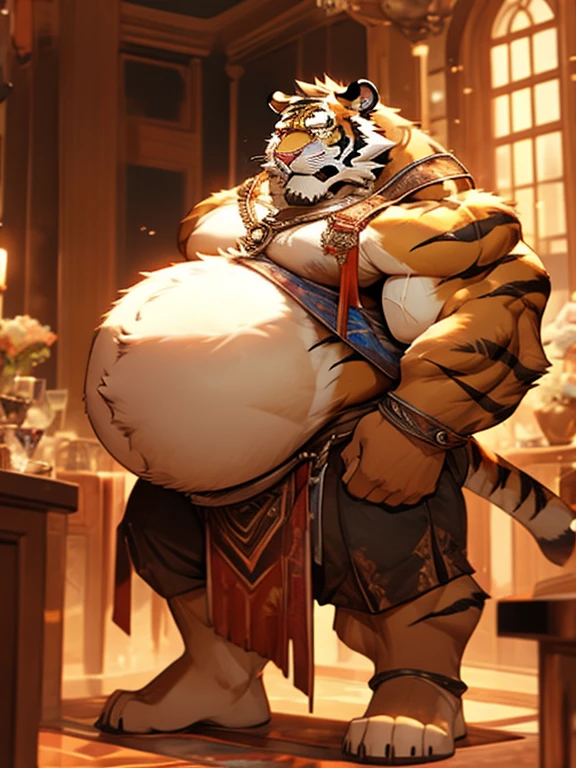 Tiger‚ male‚big sphere belly‚big belly‚bulge crotch in loincloth‚fat belly‚big chest‚pregnant‚muscular‚bodybuilder‚big abdominal muscle‚loincloth‚big fat belly‚huge bulge belly‚A loincloth with a huge bulge in crotch‚huge belly muscular ‚huge bulge belly‚big fat belly ‚gigantic belly‚touching belly