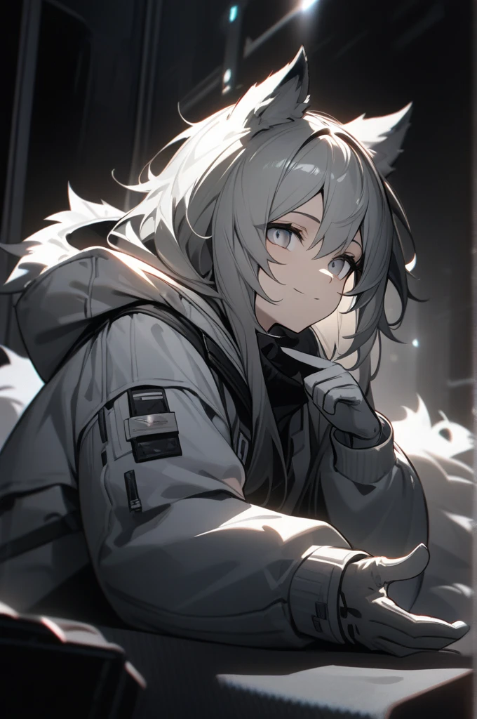 Lapland\（arknights\）， 1 woman,(masterpiece, best quality:1.1), Fluffy messy hair，Wolf ears，Gray long hair，（Gray Eyes：1.1），（There is a scar on the left eye：1.1），Smile,White jacket, Casual style,Open jacket, belt, a small face、On your belly、(Parka、Finger gloves、White sneakers)、(Slender fingers、Human Hand)、(Delicate face) 、(Top quality: 1.4、masterpiece、 Ultra HD、 Maximum resolution,、Very detailed、 Professional lighting、 Gray light illumination