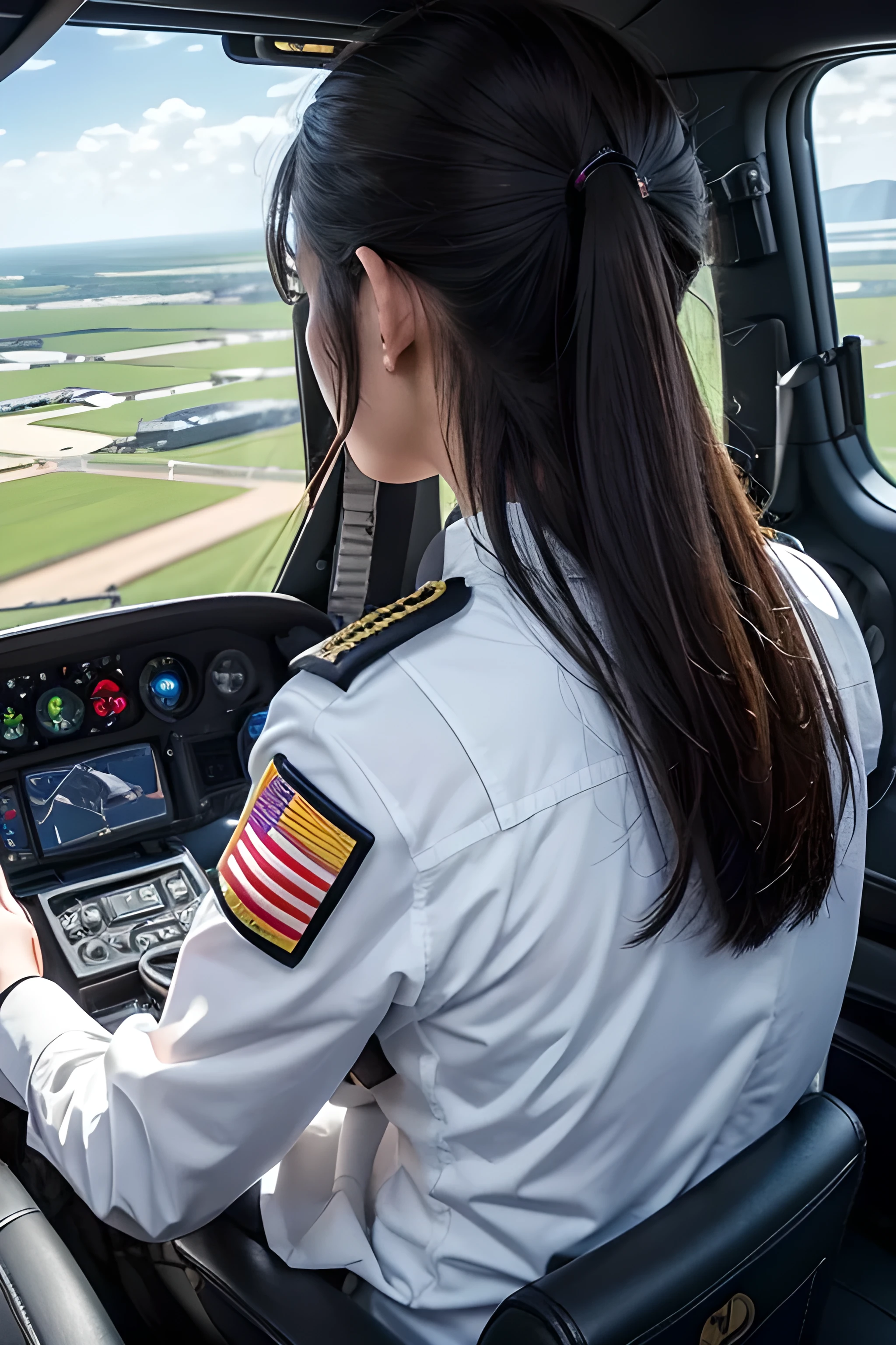 masterpiece, highest quality, Female military officer, Pilot a military helicopter, Facing the instrument panel, alone, Exquisite instrument panel, Hold the helicopter flight stick, helicopter cockpit, (from behind), high position, 