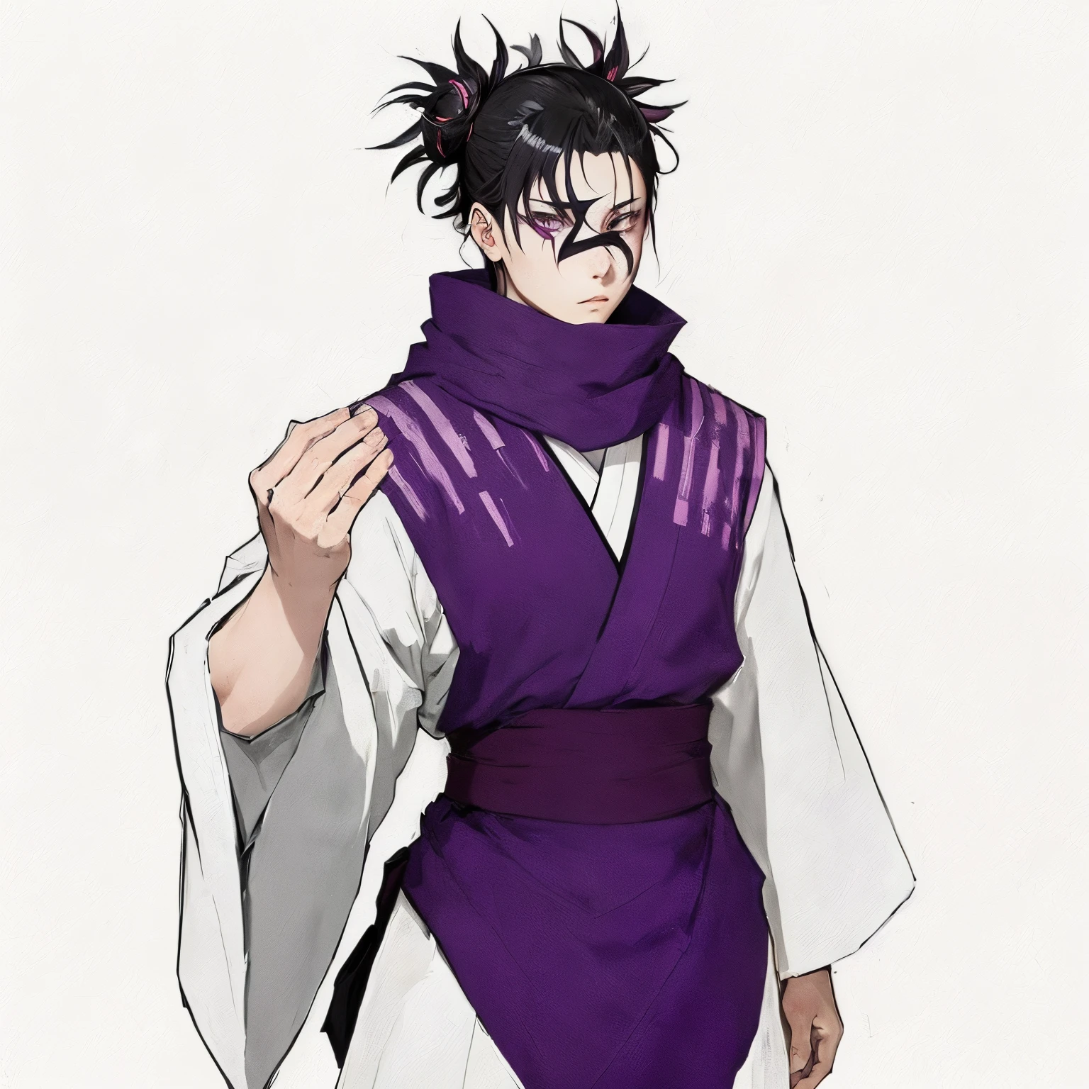 An anime character with a purple scarf, white shirt and white trousers, is a Choso character from the anime and manga Jujutsu Kaisen. Pale face, with a black stripe on the nose and two tails. redo this image while maintaining the external features, but make it a girl in a kimono with big breasts. keep the drawing style.