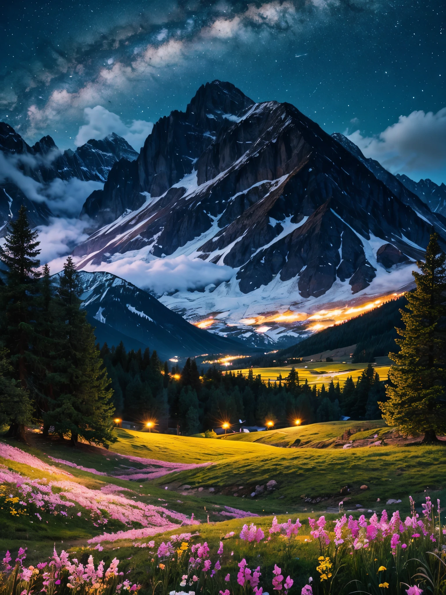 Beautiful night landscape with mountains and trees and flowers artwork of the highest quality 8k