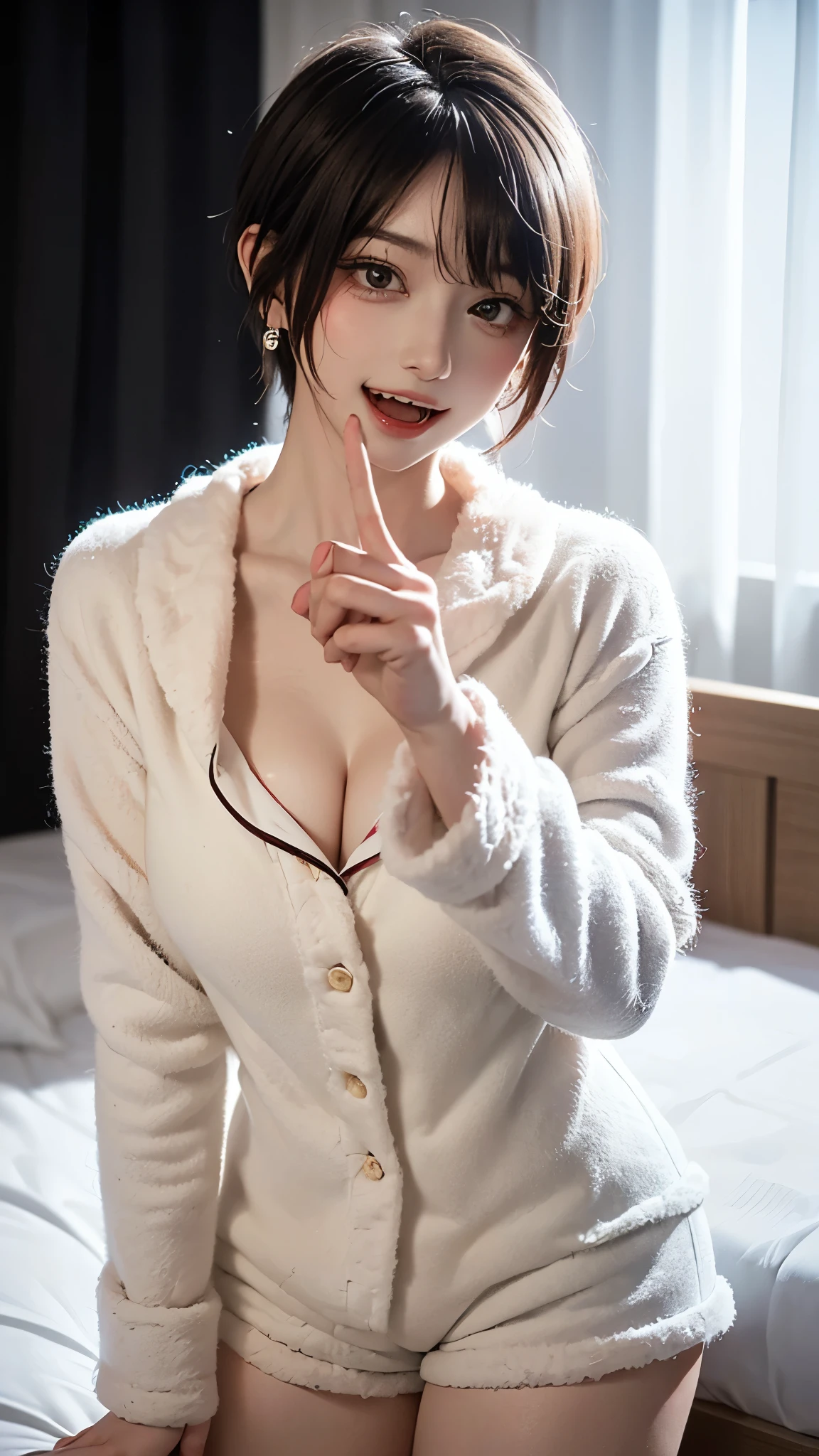 1 girl、alone、masterpiece,highest quality,High resolution,Very detailed, Earrings,Big cleavage、,

 Cute pose、(((Open your mouth wide))), (Cute little devil smile:1.2), 
((Hair Color:random:1.5, Layered Color))), 
(((Accurate 5-finger)))、Accurate human body、Perfect human body、((Captivating smile ))、
Beautiful and lustrous short hair、(((Big Breasts:1.2))), 

(((All of these pajamas are made of super fluffy fleece material:1.8, zetai ryoiki, All of these pajamas are made of super fluffy fleece material  Mini shorts:1.3, Thick white horizontal stripes))), 

(Love hotel bedroom:1.5, Dark Room:1.5)、indoor、Detailed Background、