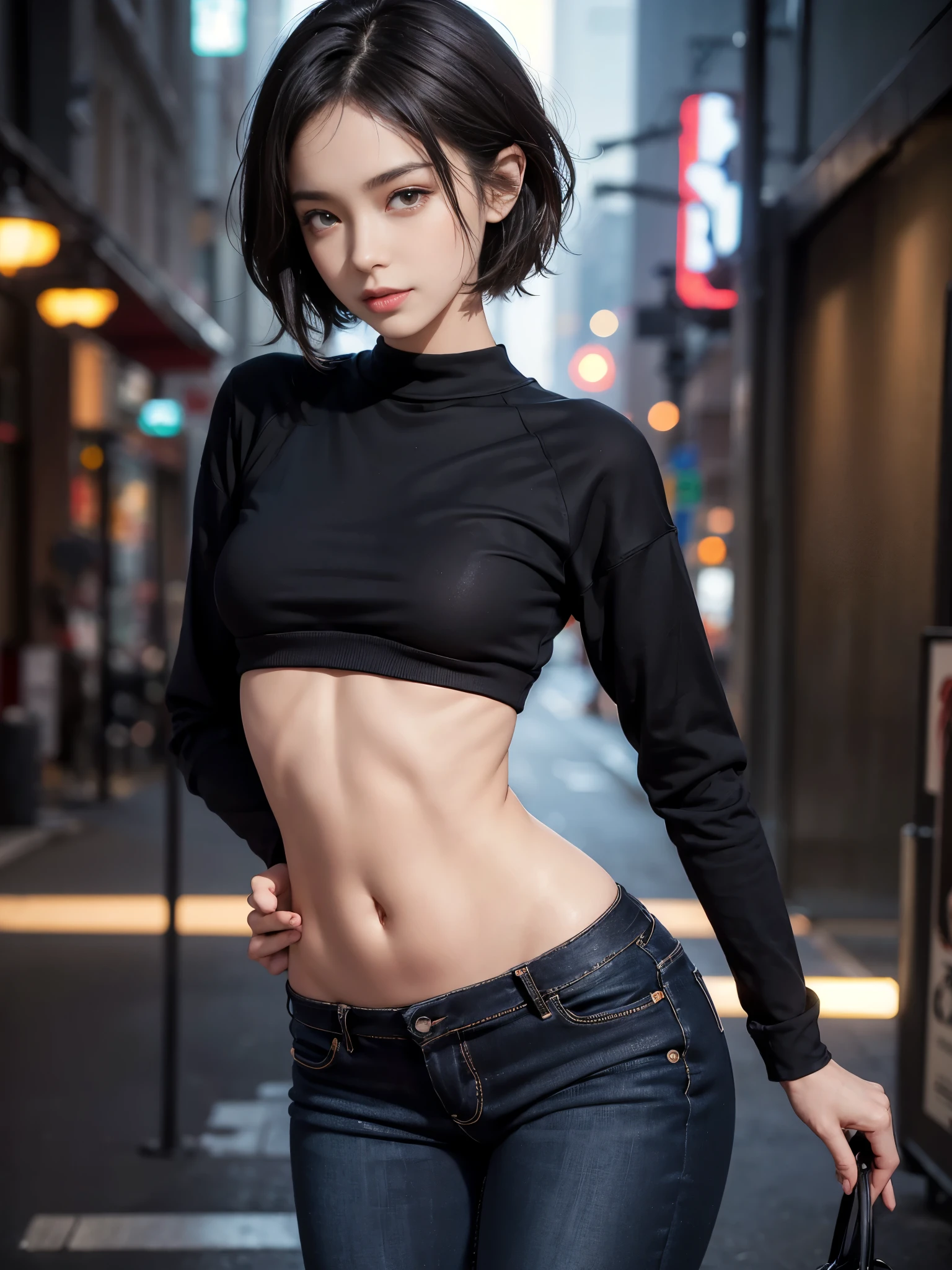 (((The line of the edge of the panties is protruding))), ((facing back)), ((Super close-up of buttocks)), ((Black skinny long jeans)), ((Sweatshirt)), A city scape, (NSFW), 1womanl, Solo, 24 year old, 7headed body, (cute  face), (Ideal ratio body proportions), (Composition from head to thigh), Smiling smile, erectile nipple, Sexy body, Wet, short-hair, Dark hair, , A slender, Small buttocks, beauty legs, Skinny Legs, surrealism, Cinematic lighting, depth of fields, One-person viewpoint, F/1.8, 135 mm, nffsw, masutepiece, ccurate, ((Anatomically correct)), Textured skin, Super Detail, high details, High quality, awardwinning, Best Quality, hight resolution, 8K