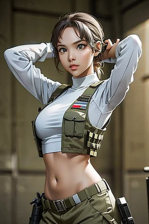 a woman in a white outfit holding a rifle and wearing headphones, 24-year-old woman, Filipino woman, tan bronze skin, soldier girl, mechanized soldier girl, military girl, beautiful female soldier, female lead character, infantry girl, of a sniper girl in war, solo female character, future combat gear, close up half body shot, Women in crop top military bulletproof vest, showing navel, quiet from metal gear solid v, wearing tactical gear, dressed in tactical armor, ((arms behind head))