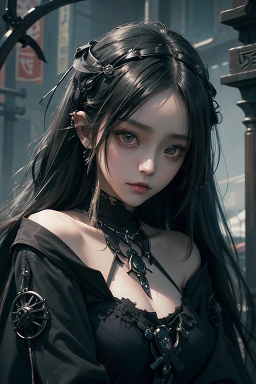 there is a woman with a bird on her shoulder, with long hair and piercing eyes, dark fantasy mixed with realism, 1 7 - year - old anime goth girl, cute face. dark fantasy, raven black hair, black hair and large eyes, by Yang J, artwork in the style of guweiz, dreamy gothic girl, with a crow on her shoulder