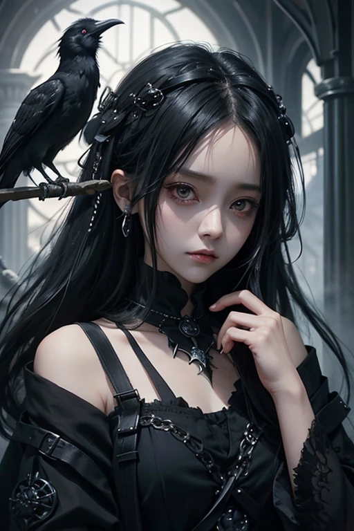 there is a woman with a bird on her shoulder, with long hair and piercing eyes, dark fantasy mixed with realism, 1 7 - year - old anime goth girl, cute face. dark fantasy, raven black hair, black hair and large eyes, by Yang J, artwork in the style of guweiz, dreamy gothic girl, with a crow on her shoulder