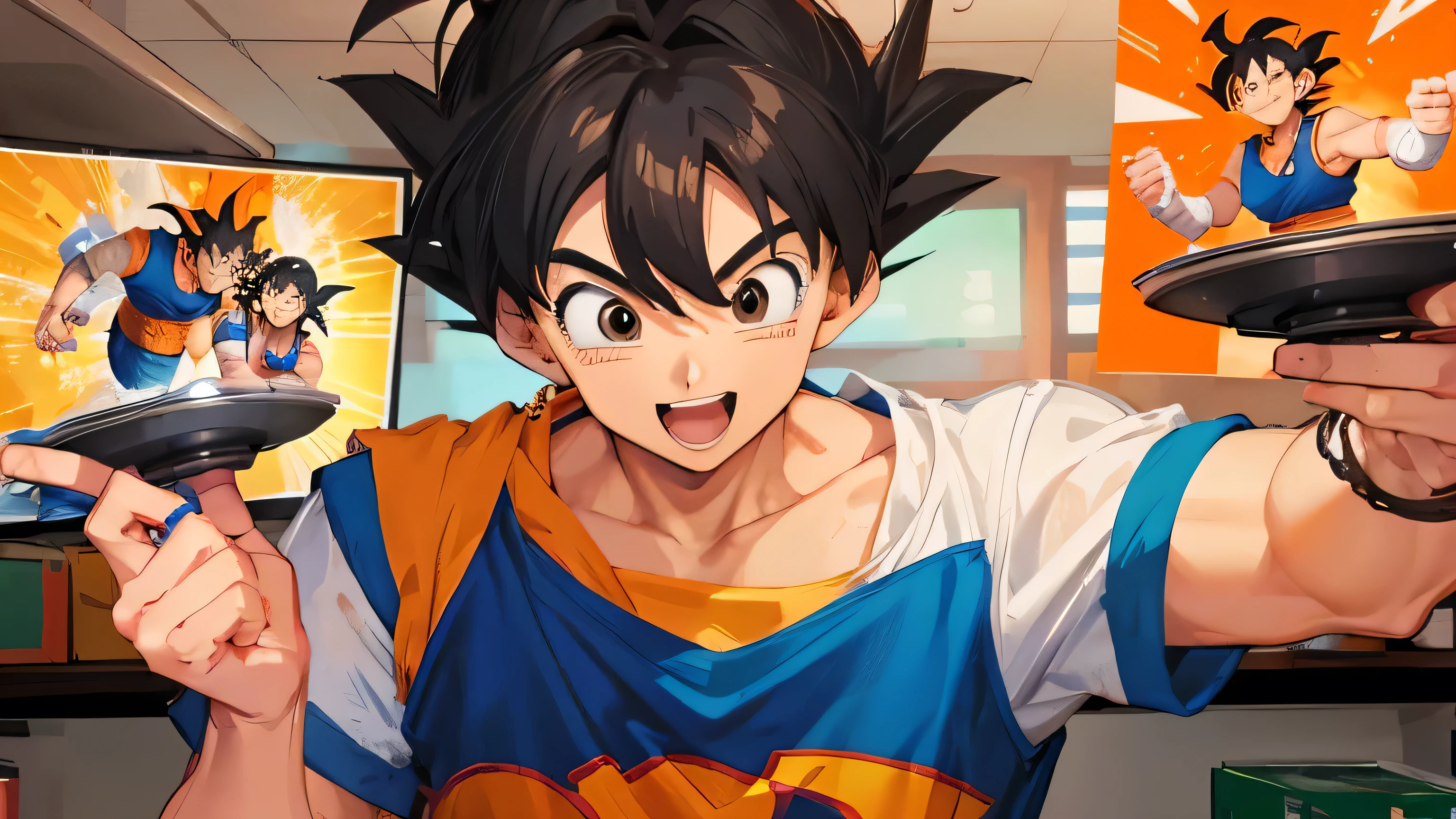 make a portrait of Goku, Dragon ball, segurando um controle de videogame, sorrindo
