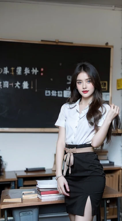 (8k, best quality, Masterpiece, very high:1.2) Photo of a beautiful Japanese girl, Beautiful and charming with contemporary fashion paintings as well.., looking at the audience, ((in the classroom background)), (1 Teen Girl),(black short skirt), (white short sleeve shirt, Revealing a little breast.), ((black short pencil skirt)), sugar belt, ((Put your hands down.)),blonde hair, medium hair, Bird's eye view of a beautiful woman, realistic skin texture, look up, round chin, Art lens 85mm, F 1. 2, Sharp focus, High resolution 8K, Crazy details, complex, elegant, big breasts, dynamic gesture, big breasts,
