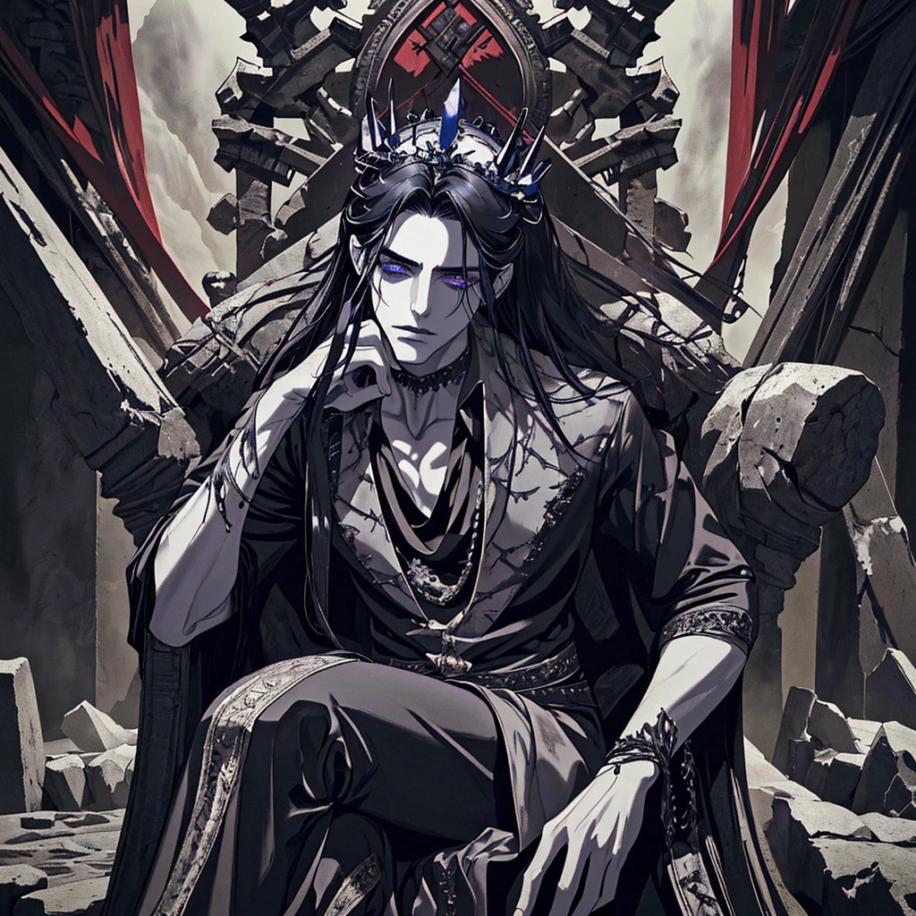 Hades, the God of the Underworld, with black hair and deep red irises, exuding a cold gaze, seated on his throne with a broken crown. (best quality, ultra-detailed), (photorealistic:1.37), detailed eyes and face, long eyelashes, realistic pose, dark and moody lighting, eerie atmosphere, ancient Greek mythology, powerful and mysterious figure, smoke and shadows, ancient ruins, underworld landscape, haunting presence, vivid colors, divine aura, regal attire, commanding posture, menacing expression, fiery backdrop.