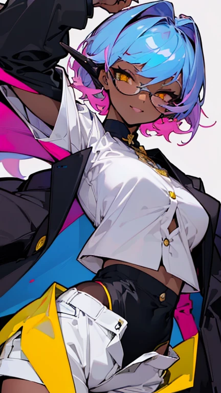 (highest quality、masterpiece:1.2) 1 Female, adult, ((Dark skinned women、Hair over the ears)), light pink hair, blue hair, mixed hair, yellow Eyes, glasses, ((black tailor jacket, white shirt, short pants)), (Malicious smile), sharp eye, (underboob), little earring, dynamic pose, hand gesture,