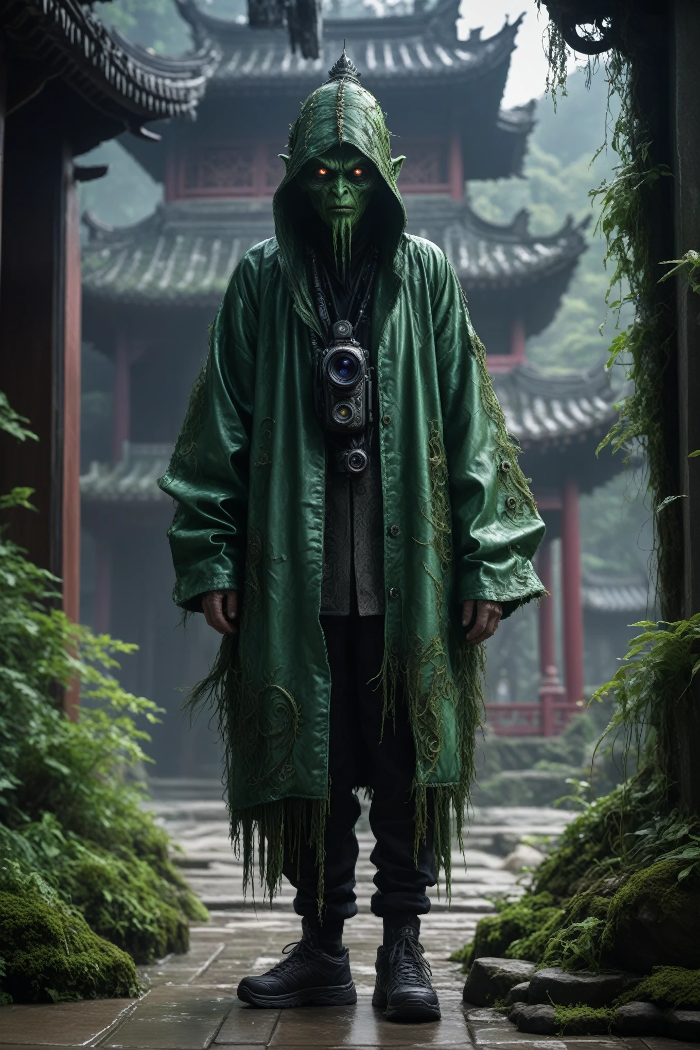 evil ghost,Euchlorine Grandmaster goblin,anti-hero,jealous,another world,dead city in future,ring of truth,urban,extremely detailed,intricate detailed,hyper realism,dramatic light,close full body shot, full body length shot,masterpiece,intricate details,faded,eyes extremely detailed, high detailed eyes,4k resolution,RAW, Nikon Z9,back view,full body length,Zhangjiajie National Forest Park of China,Wulingyuan Scenic Area of China
