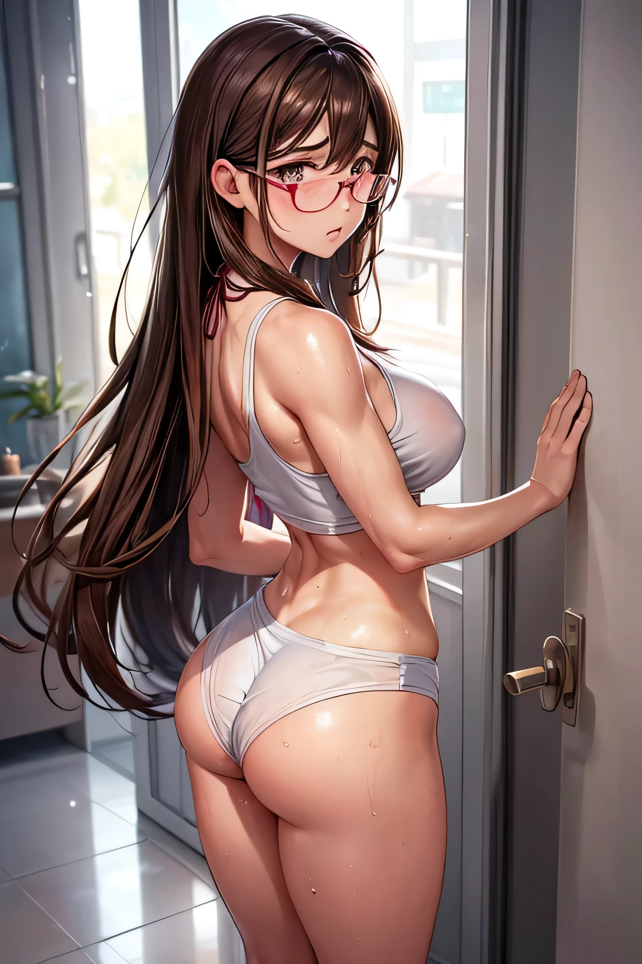 (Very detailed, 最high quality, Anatomically perfect body),High resolution, high quality, One girl, Anime Girls, Brown long hair, Brown eyes, Pink Glasses,heart shaped pupils,Sunburned skin, Large Breasts,beautiful breasts,pointy breasts,(Big Ass),beautiful ass,Embarrassed,sweat,wet,Tank Top,swimsuit, (I want to pee:1.1), (The urge to pee:1.3), (People who pee alone:1.1), (An urgent need to go to the toilet:1.2), bladder full,