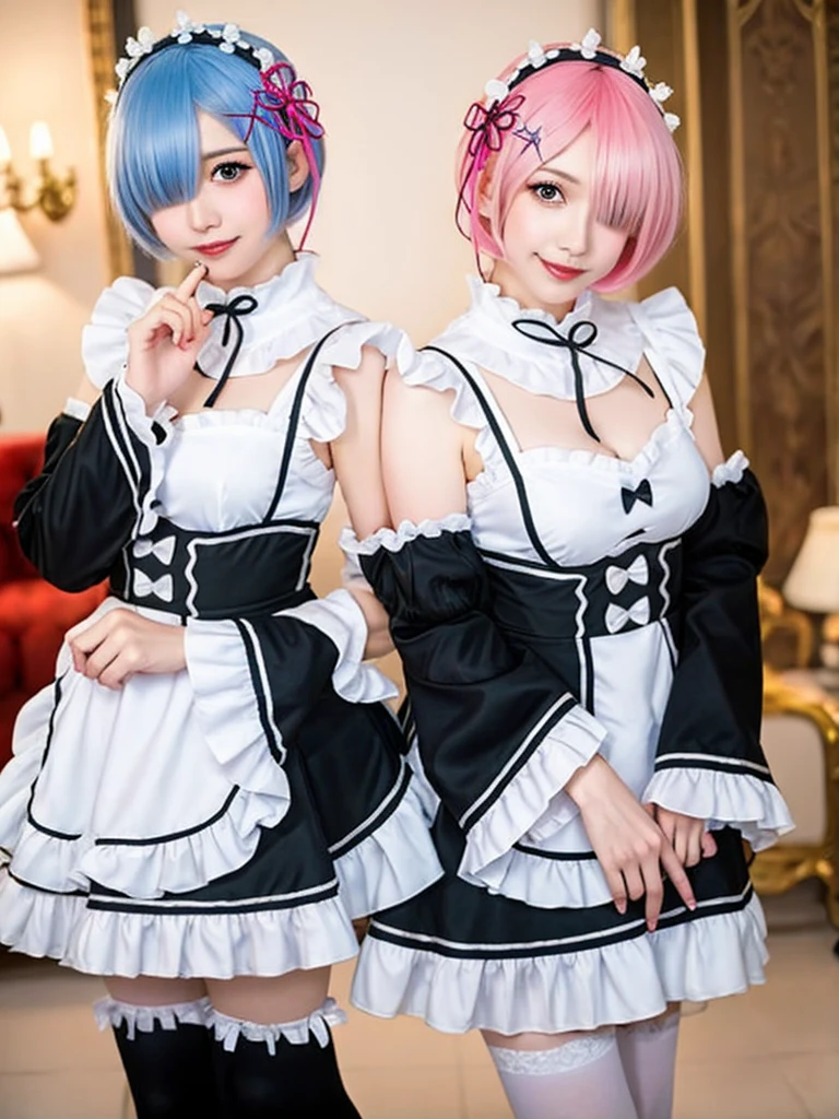 (8K, Photorealistic, Raw photo, of the highest quality: 1.3), (1girl in), Super beautiful, (Realistic face), (boyish, light blue Color Berry Shorthair),(8K, Photorealistic, Raw photo, of the highest quality: 1.3), (1girl in), Super beautiful, (Realistic face), (boyish, pink Color Berry Shorthair), Beautiful , Glare that captivates the viewer, Beautiful expression, Beautiful breasts, (Realistic skin), Be...Create a detailed and colorful image of Ram and Rem from Re:Zero, standing back-to-back in their maid outfits, with a magical fantasy background、14years old, two girls,cute, perfect face, beautiful, nice body, gothic lolita clothes, gothic lolita fashion, frilly skirt, headdress, necklace, bracelet, knee-high socks, boots, double eyelids, tear bags, Detailed down to the fingers, photo-like description, indoors, dim indoor lighting, one girl is pink hair and short bob, another girl is light blue hair and short bob,standing, whole body, composition that shows the whole body, smiling,The Both of them are wearing the same type of maid outfit