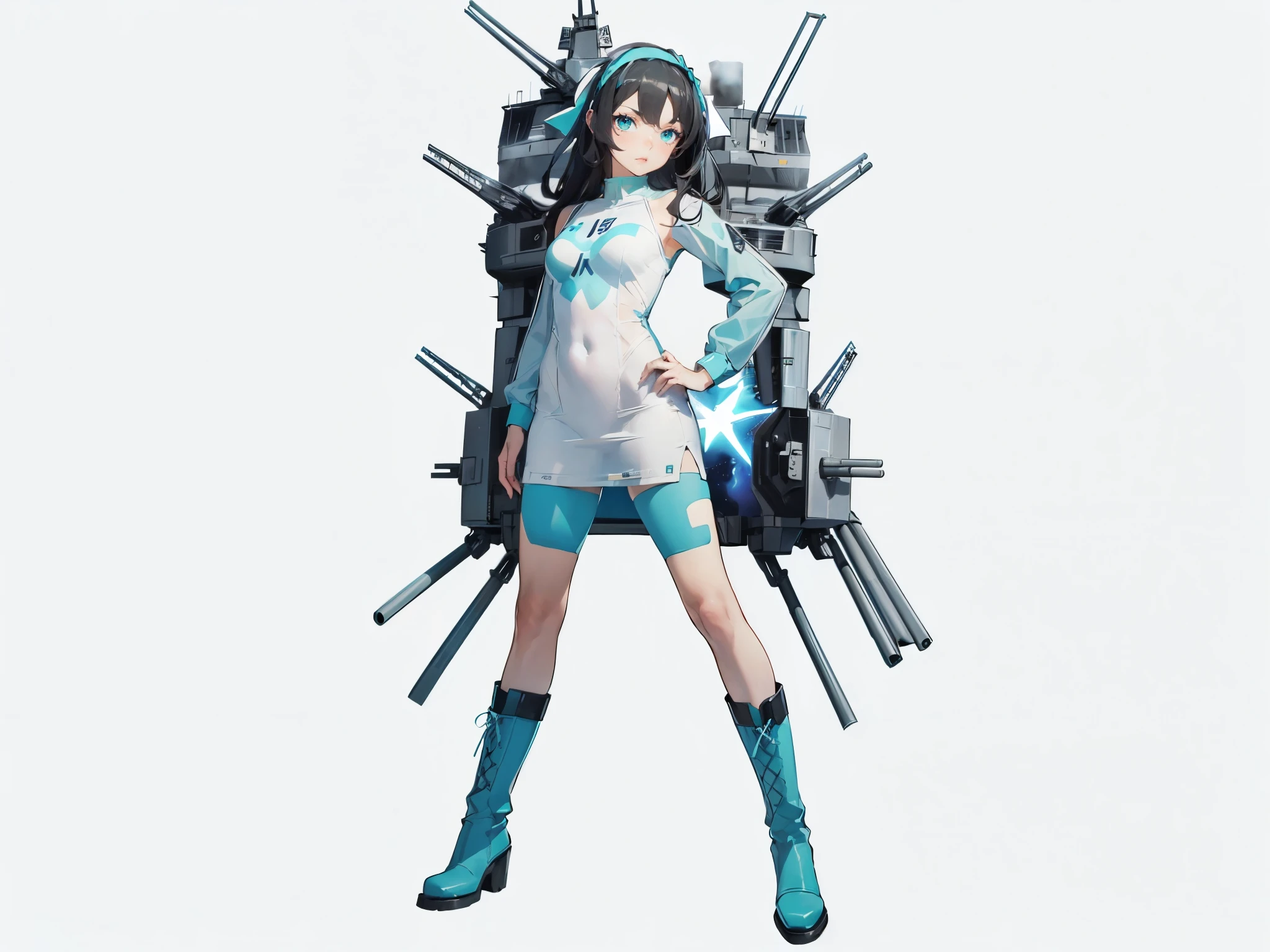 (maximum resolution: 1.2), (ultra high definition:1.2), cinema light, 8K resolution, fine eyes and skin, detailed face, perfect style, cute face, Accurate, anatomically correct, Highly detailed face and skin texture, beautiful and meticulous droopy eyes, 16 years old, (black hair:1.5), long hair, parted bangs, blue eyes, (white hairband:1.5), (long sleeves one-piece patternless dark cyan shirt:1.5), (tights:1.2), (boots:1.5), standing sexy pose, (in the space battle ship:1.5)