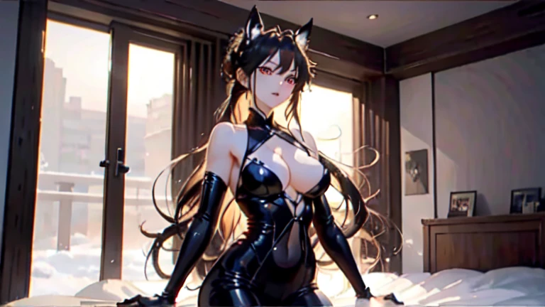 masterpiece, best quality, best quality, masterpiece, high resolution, Key Points, anime style, Girls Design, portrait, Gisha, Anime Character, Long hair, Hair covers the ears, Delicate and powerful appearance, Dissonance, High,, hapiness, luxury clothes, rich and colorful, Color 1080P, HD, 4K, 8k black，Chiaroscuro, Ray Tracing, Movie Lighting, Cowboy shooting, 8k, Yes, Super Detail, precise, best quality, The award-winning, The award-winning, A high resolution, masterpiece, High Detail，Guweiz on Artstation Pixiv, Hot topics on artstation pixiv, 详细的number概念艺术, author：Yang Jie, 2. 5D CGI anime fantasy artwork，Ultra HD，8k ，Realistic skin texture，Chiaroscuro, Ray Tracing, Movie Lighting, 8k, Yes, Super Detail, precise, best quality, The award-winning, The award-winning, A high resolution, masterpiece, High Detail，In the snow，Clear，masterpiece， best quality， 8k， number， 1 girl， Solitary， Sexy pose， Heartless expression， ， electric wire， cable， Failure Effect， scary， Science fiction， Futurism， Neon， Cyberpunk Characters， Surreal， Strange， Disturbing， Creepy， scary， Western Metal，Red Eyes，Black，Black long gloves，Jumpsuits，leggings，Highlight her graceful figure,Wrap the whole body，Symbiote，（（Sexy bulge）），One-piece Pants，Red Eyes，Venom，Black，Black long gloves，Jumpsuits，Black one piece，，best quality, high resolution, Ultra Detailed, Vivid texture, mask, Bangs，wear socks，，Covered in black slime