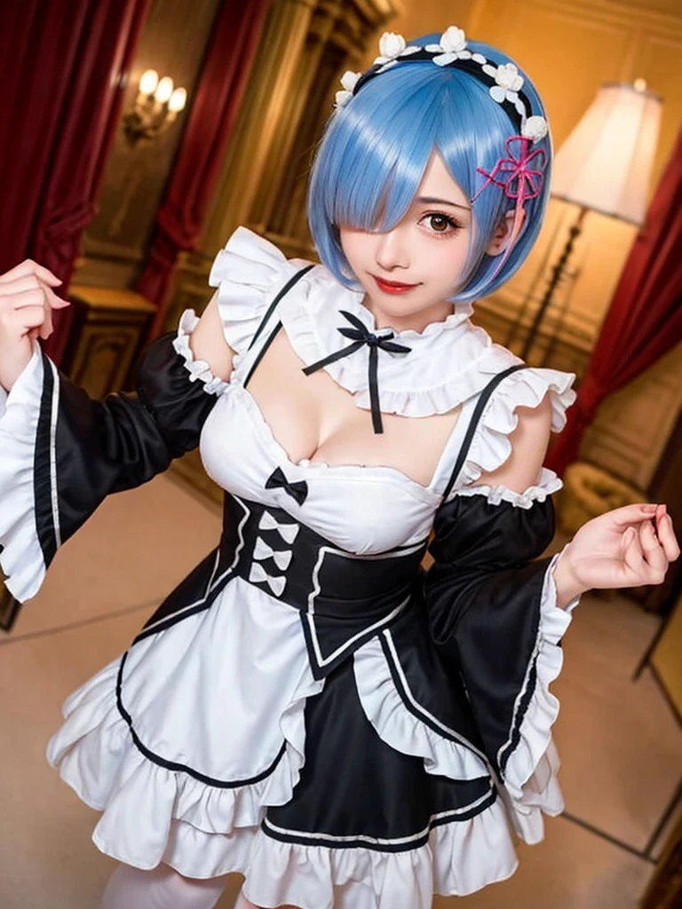 (8K, Photorealistic, Raw photo, of the highest quality: 1.3), (1girl in), Super beautiful, (Realistic face), (boyish, light blue Color Berry Shorthair),(8K, Photorealistic, Raw photo, of the highest quality: 1.3), (1girl in), Super beautiful, (Realistic face), (boyish, pink Color Berry Shorthair), Beautiful , Glare that captivates the viewer, Beautiful expression, Beautiful , (Realistic skin), Be...Create a detailed and colorful image of Ram and Rem from Re:Zero, standing back-to-back in their maid outfits, with a magical fantasy background、14yearsirls,cute, perfect face, beautiful, nice body, gothic lolita clothes, goolita fashion, frilly sheaddress, necklace, bracelet, knee-high socks, boots, double eyelids, tear bags, Detailed down to the fingers, photo-like description, indoors, dim indoor lighting, one girl is pink hair and short bob, another girl is light blue haind short bob,standing, whole body, composition that shows the whole body, smiling,The Both of them are wearing the same type of maid outfit
