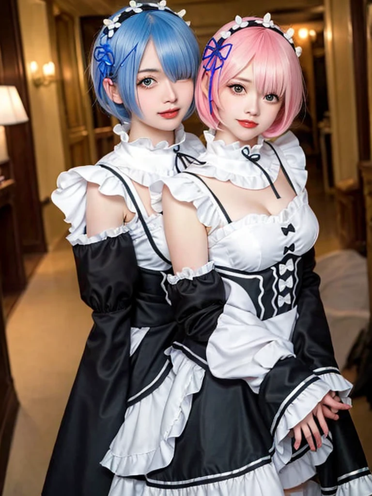 (8K, Photorealistic, Raw photo, of the highest quality: 1.3), (1girl in), Super beautiful, (Realistic face), (boyish, light blue Color Berry Shorthair),(8K, Photorealistic, Raw photo, of the highest quality: 1.3), (1girl in), Super beautiful, (Realistic face), (boyish, pink Color Berry Shorthair), Beautiful , Glare that captivates the viewer, Beautiful expression, Beautiful breasts, (Realistic skin), Be...Create a detailed and colorful image of Ram and Rem from Re:Zero, standing back-to-back in their maid outfits, with a magical fantasy background、14years old, two girls,cute, perfect face, beautiful, nice body, gothic lolita clothes, gothic lolita fashion, frilly skirt, headdress, necklace, bracelet, knee-high socks, boots, double eyelids, tear bags, Detailed down to the fingers, photo-like description, indoors, dim indoor lighting, one girl is pink hair and short bob, another girl is light blue hair and short bob,standing, whole body, composition that shows the whole body, smiling,The Both of them are wearing the same type of maid outfit