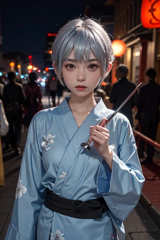 15 years old、woman、whole body、Evil Face, Red eyes, Iris,Silver Hair、Night City Waves、festival、Light blue yukata、Pixie Cut、whole body、I have a pipe
