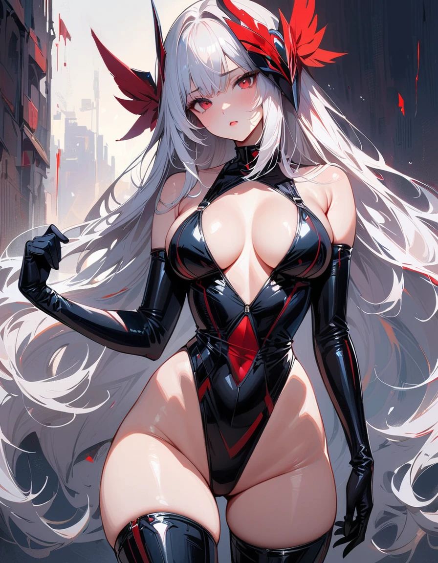 masterpiece, best quality, 8K, Digital painting, 1 girl, solo, stand up, youth, White hair, long white hair, red eyes, round pupils, Emotionless expression, jumpsuit, Long black gloves, One-piece bikini, tight latex one piece bikini, Highlight her graceful figure, wrap the whole body, ((Raised sexy)), Long black gloves, Black latex bikini, thick thighs, Blood-red eyes, best quality, High resolution, Super detailed, Vivid textures, mask, tight latex bodysuit, Bangs, (cleavage), ((sfw))