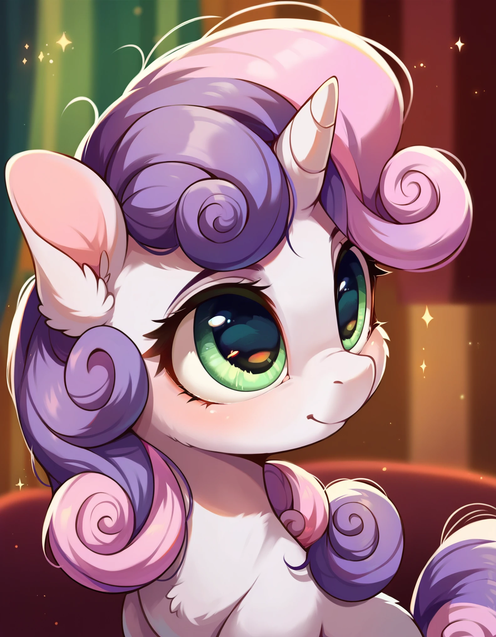 score_9, score_8_up, score_7_up, score_6_up, best quality, highres, source_furry, feral, sweetie belle, , young, profile, cute floreal background