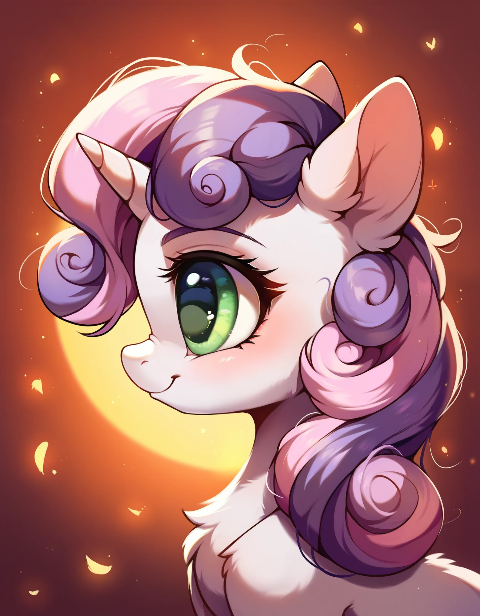 score_9, score_8_up, score_7_up, score_6_up, best quality, highres, source_furry, feral, sweetie belle, , young, profile, cute floreal background