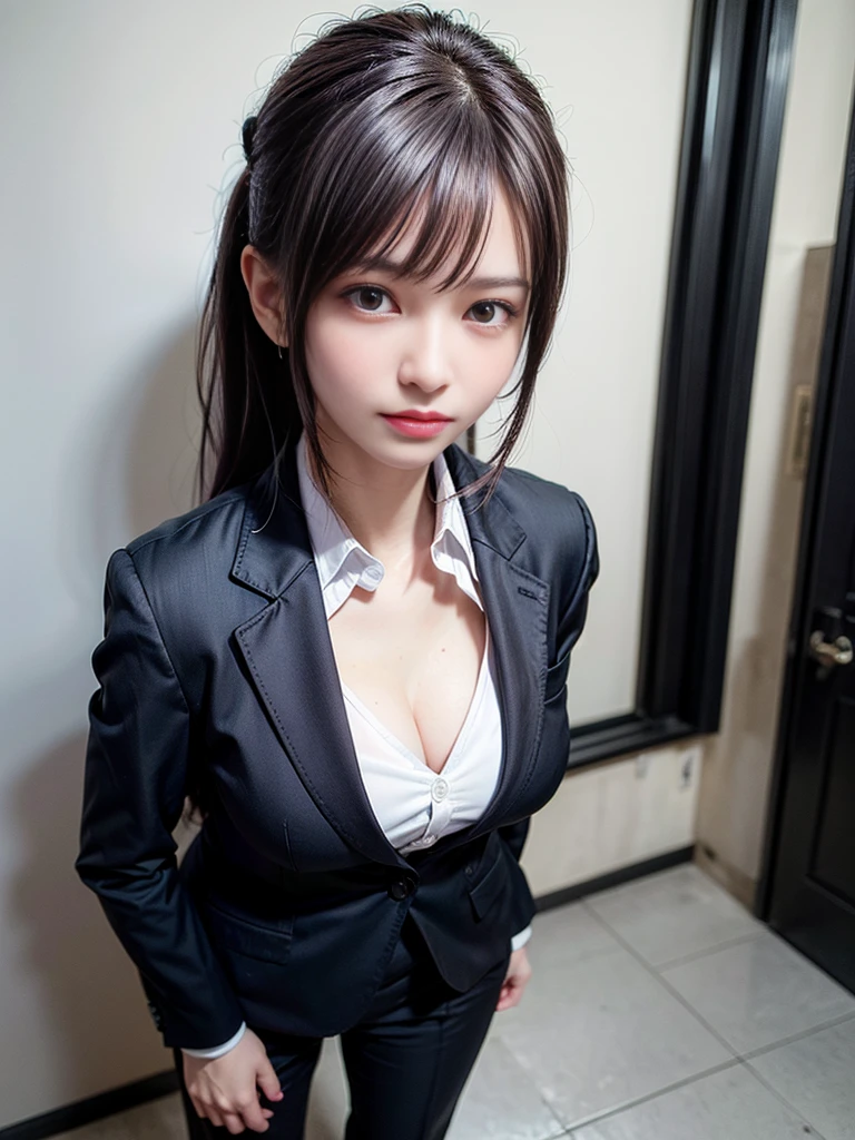 Beautiful woman, 25 years old, high ponytail, bright purple hair (like bright silver), perfect purple hair, Beautiful breasts, (Realistic skin),elegant upper class wearing a black pantsuit, black jacket, white shirt, cleavage visible, black pumps, and a business shirt. Elite secretary, working in the office, wearing a strict business suit, pantsuit style, wearing luxury high heels, girl wearing a shirt, wearing a business suit, wearing a business suit, black nail art, business Wearing a suit, Businessman, Business clothes, Wearing a black business suit, Wearing a white shirt and black jacket, Woman in a business suit, Business suit, Business attire, Raw photo, (8K, highest quality, Masterpiece: 1.2), (Complex Detail: 1.4), (Photoreal: 1.4), Octane Rendering, Complex 3D Rendering Super Detail, Studio Soft Light, Rim Light, Vibrant Detail, Super Detail, Realistic Skin texture, surface details, beautifully detailed eyes, highly detailed CG Unity 16k wallpaper, supplement, (detailed background:1.2),pony tail