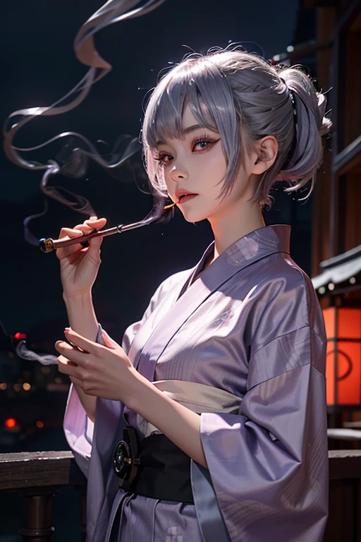 15 years old、woman、whole body、Evil Face, Red eyes, Iris,Silver Hair、Nighttime cityscape、festival、Purple Yukata、Pixie Cut、whole body、Has a smoking pipe