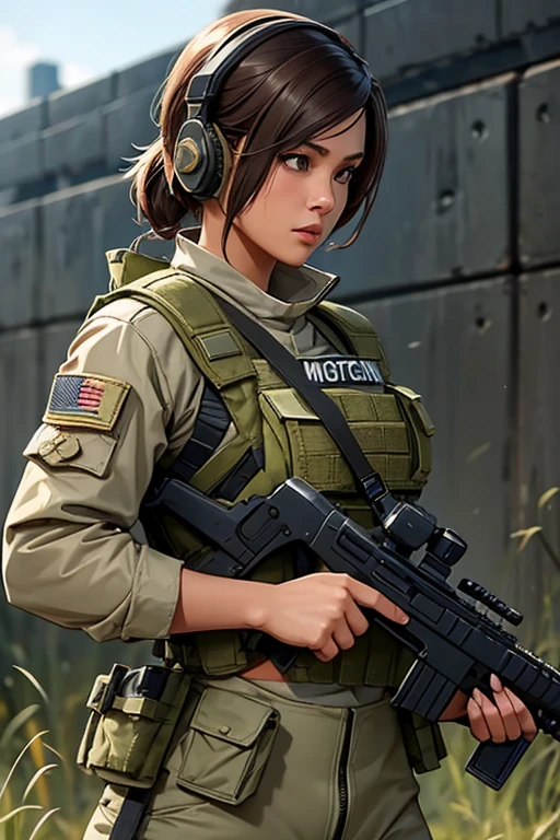 a woman in a white outfit holding a rifle and wearing headphones, 24-year-old woman, Filipino woman, tan bronze skin, soldier girl, mechanized soldier girl, military girl, beautiful female soldier, female lead character, infantry girl, of a sniper girl in war, solo female character, future combat gear, close up half body shot, Women in crop top military bulletproof vest, showing navel, quiet from metal gear solid v, wearing tactical gear, dressed in tactical armor, holding a gun