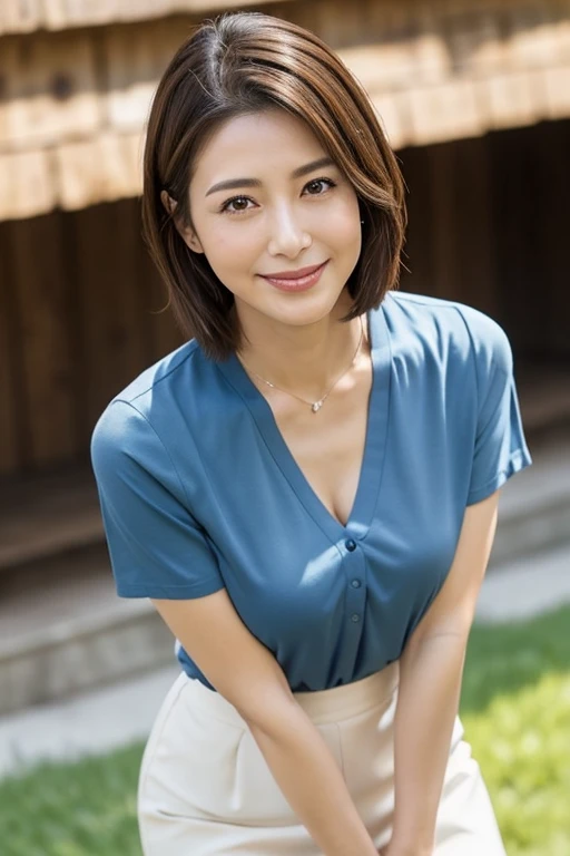 8k, highest quality, masterpiece, Realistic, Photorealistic, Very detailed, Natural light, On the grass, The sky is clear, blue sky, Detailed Scenery, 1 Japanese female, 40 years old, Slightly brown-haired, short hair, Y-shirt, On all fours, (Looking up at the viewer from below), White knit、V-neck shirt, , Detailed bending forward, ノーブラY-shirt姿, Shapely breasts, I can see her cleavage, Detailed open neckline shirt, Tight skirt, mini skirt, I can see your thighs, Very detailedなスカート, A refreshing smile, Friendly smile, Happy emotion smiley face, Very detailedな顔と肌, Very detailedな目, Very detailedな顔と肌, Very detailedな笑顔