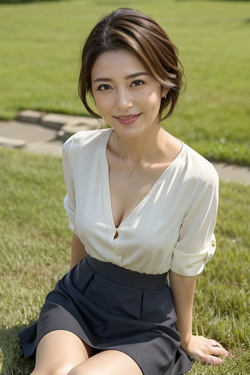 8k, highest quality, masterpiece, Realistic, Photorealistic, Very detailed, Natural light, On the grass, The sky is clear, blue sky, Detailed Scenery, 1 Japanese female, 40 years old, Slightly brown-haired, short hair, Y-shirt, On all fours, (Looking up at the viewer from below), White knit、V-neck shirt, , Detailed bending forward, ノーブラY-shirt姿, Shapely breasts, I can see her cleavage, Detailed open neckline shirt, Tight skirt, mini skirt, I can see your thighs, Very detailedなスカート, A refreshing smile, Friendly smile, Happy emotion smiley face, Very detailedな顔と肌, Very detailedな目, Very detailedな顔と肌, Very detailedな笑顔