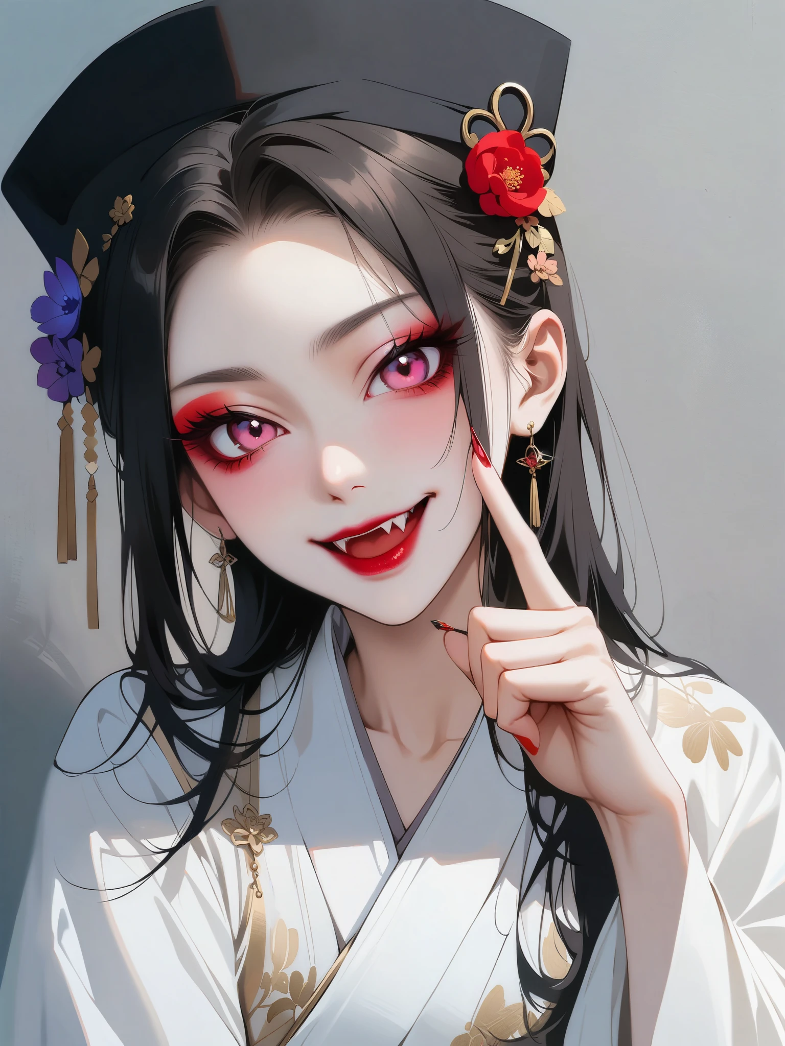 A beautiful Japanese woman with pink eyes, Long eyelashes and red lips,dressed in white Hanfu,Similar makeup to Ueno Yosuke,Selfie on Instagram,Vampire fangs protruding from between fingers. She has fair skin,Wearing a black hat decorated with flowers. Background color should be gray. Her expression conveys confidence or playfulness.