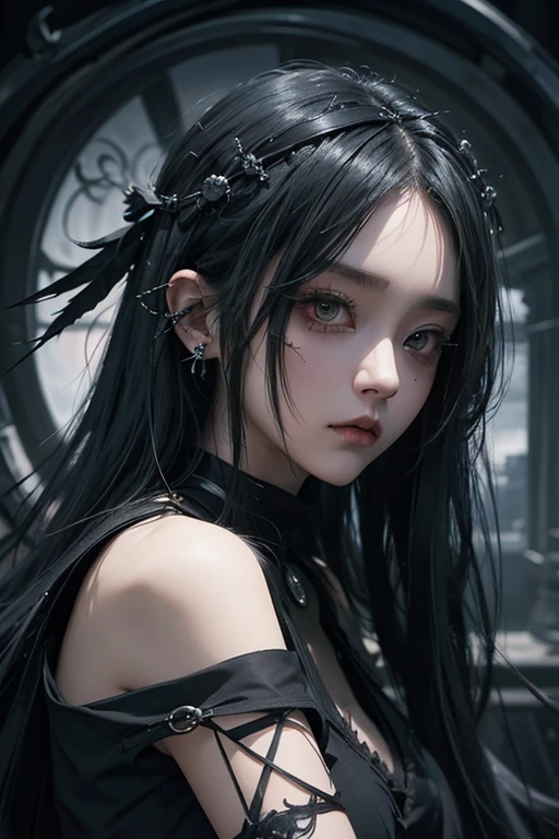 there is a woman with a raven on her shoulder, with long hair and piercing eyes, dark fantasy mixed with realism, 1 7 - year - old anime goth girl, cute face. dark fantasy, grey hair and large eyes, by Yang J, artwork in the style of guweiz, dreamy gothic girl, with a crow on her shoulder