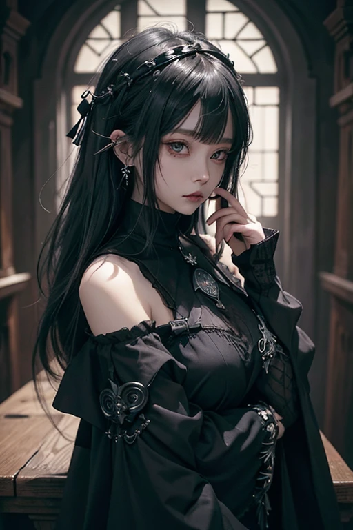 there is a woman with a raven on her shoulder, with long hair and piercing eyes, dark fantasy mixed with realism, 1 7 - year - old anime goth girl, cute face. dark fantasy, grey hair and large eyes, by Yang J, artwork in the style of guweiz, dreamy gothic girl, with a crow on her shoulder
