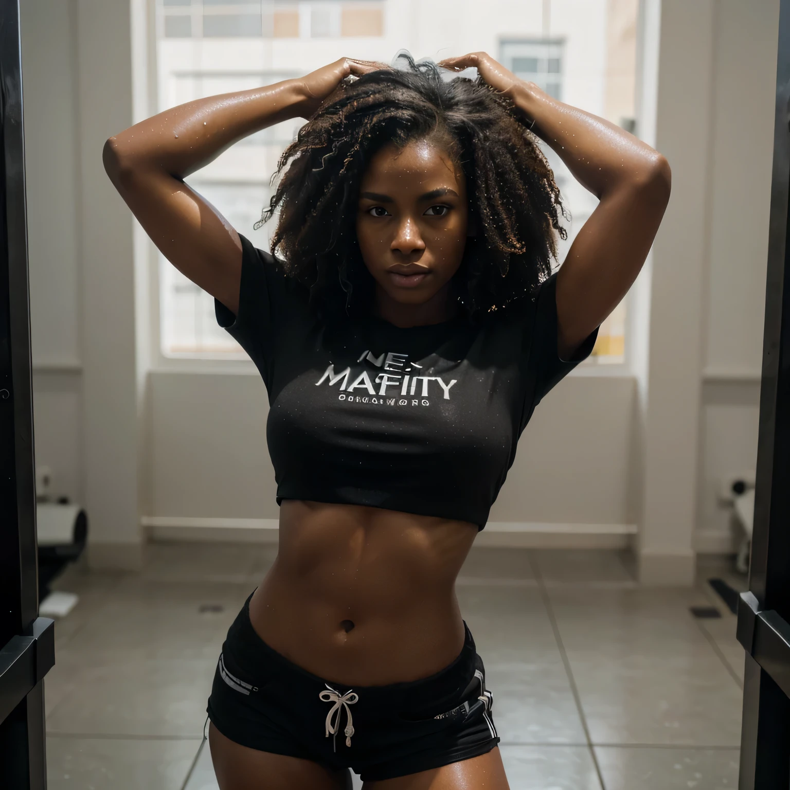 (best quality,masterpiece:1.2),detailed,perfect face,young black Afro-American fitness model,dark hair,fit body,full body,in the gym,wearing shorts and shirt,looking tired,ready for shower,illustration,ultra-detailed,realistic:1.37,professional lighting,high-res, HDR, vivid colors, sharp focus,physically-based rendering,fine details,bokeh,wet skin effect