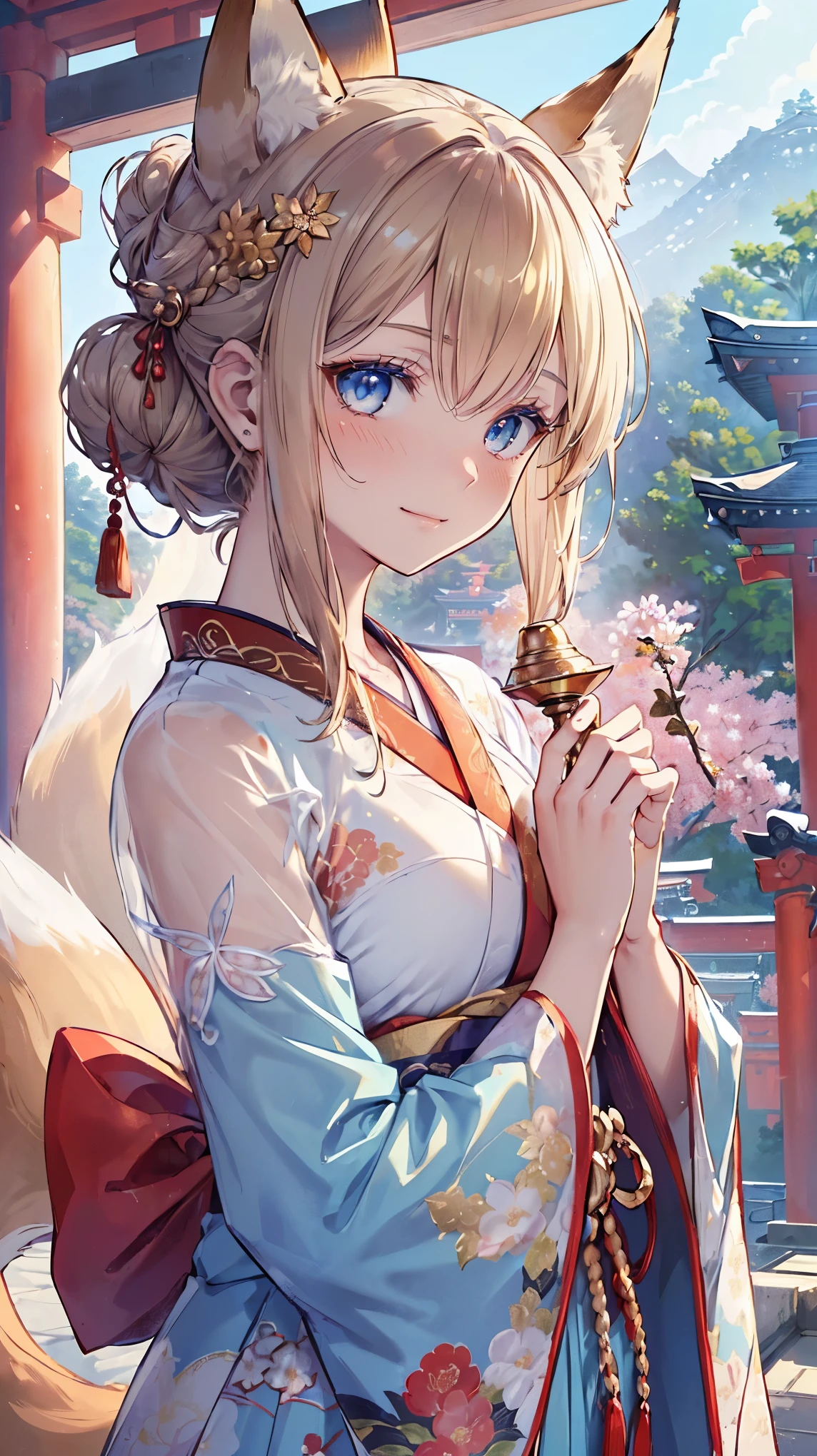 (((Masterpiece))), (((Highest quality))), ((Ultra-detailed)), ((Super fine illustration)), ((Ultra-fine painting)), (16K highest quality wallpaper:1.4), (Upper body:1.6), HDR, (Highly detailed and delicate illustration style:1.8), Detailed skin texture, Detailed cloth texture, Extreme detailed description, (T-masterpiece), (Highly detailed face:1.2), (Highly detailed fox ears:1.2), (Highly detailed shiny golden brown half updo:1.2), (Highly detailed clear blue eyes:1.2), Original, RAW photo, Professional, Intricate details, Super details, Direct light:1.6, (Perfect anatomy:1.4), (Highly detailed hands:1.2), (Highly detailed fingers:1.2), (Highly detailed fingertips:1.2), (27-years-old), Real, (Solo:1.8), ((A very beautiful and attractive fox female fashion model with golden brown half updo and blue eyes wearing a bright red furisode with a floral pattern:1.4)) BRAKE (Beautiful and adorable fox ears:1.6), (Highly detailed and delicate fox ears:1.4), (Beautiful and well-shaped :1.2), (Beautiful and well-shaped buttocks), ul and shiny golden brown half updo:1.4), (Highly detailed and delicate golden brown half updo:1.2), (Beautiful clear blue eyes that shine with great detail:1.6), (Highly detailed and delicate blue eyes:1.2), (Highly detailed face:1.4), (Smile:1.5), (Blush:1.4), (Looking at viewer:1.4), (Celebration:1.4) BRAKE (Bright red furisode with floral pattern:1.4), (Japanese traditional costume:1.2) BRAKE (Concept art:1.2), (Detailed fantasy art:1.2) BRAKE (Highly detailed and delicate Ise Grand Shrine in Mie Prefecture in the background just after noon in spring:1.6), (Celebration:1.4), Ise Grand Shrine:1.4, Torii gate of Ise Shrine:1.4, Very beautiful in the sunny sky background just after noon:1.4 BRAKE