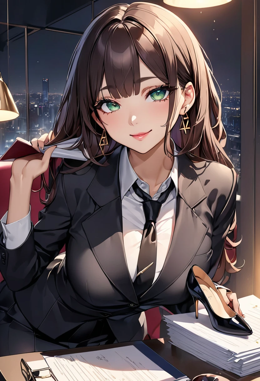 masterpiece、highest quality、Ultra-high resolution、Maximum resolution、Very detailed、Professional Lighting、anime、woman、thin、so beautiful、Brown Hair、Waist-length hair、Purple Eyes、Beautiful Eyes、Delicate eyes、Droopy eyes、Green Eyes、Black Hair、Short bangs、Pink Lips、Gloss Lip、Gold triangular earrings、OL、Dark green business shirt、Black tie、Black business suit、Black mini tight skirt、smile、Sexy pose、Black high heels、Sit on a chair、Cross your legs、With documents in hand